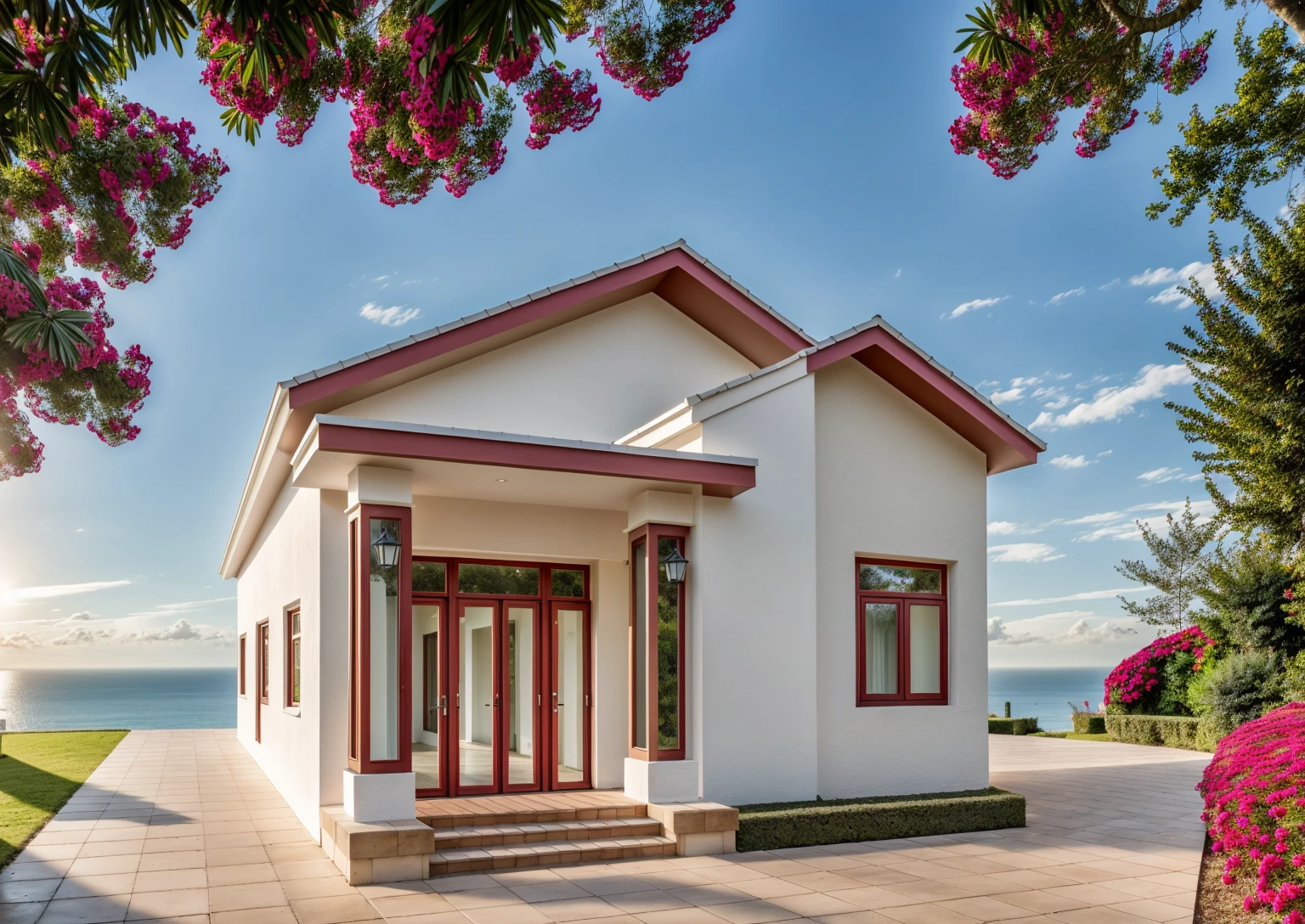 PLATEFORME KTHOUSE, Beaucoup de belles fleurs rouges le long de la route, Romantique, 1 maison de style néoclassique, La maison de ville est faite de murs blancs, Belle lumière, journée de beauté, ensoleillé, Beaucoup de bougainvilliers rouges le long de la route:1.3, belle sensation de jeunesse :1.2, soleil à midi, Très belles ombres, on tropical garden:1.4