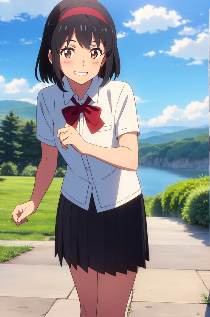 shinkai makoto, kimi no na wa., 1girl, bangs, black hair, blush, expressive eyes, brown eyes, perfect face, looking at the viewer, school outfit, white collared shirt, red headband, red ribbon, red bow, short sleeves, black skirt, short hair, solo, outdoors, shinny skin, smile, cute, grin, cloudy, blue sky, mountains, rocks, standing, (masterpiece), best quality