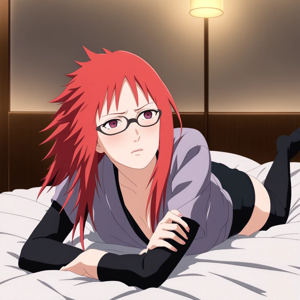 red hair, 1 woman, glasses, long hair, conjunctivitis, lonely, setยาว, black above knee stockings, 黑色shorts, umbilical cord, looking at the audience,No students, Japanese cartoons screencap, Japanese cartoons coloring,src_Japanese cartoons,Naruto \(set\), Naruto shippuuden,((Blush,awestruck,vision,))Masterpiece, nonsense , (complicated details), (colorful), light, Very detailed CG unity 8k wallpaper. ,1 woman, alone,(shy,in the hotel,lying in bed,nighttime,Blush,awestruck,sweatออก,蕾丝set, ),sweat,Blush,Blush1.5,Blush,Medium bust,((set,vest,shorts,black stockings,luxury hotel,nighttime,)),(set,strap,shorts,lying on the bed,uncomfortable expression,)
