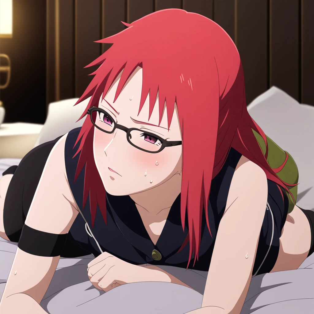 red hair, 1 woman, glasses, long hair, conjunctivitis, lonely, setยาว, black above knee stockings, 黑色shorts, umbilical cord, looking at the audience，No students, Japanese cartoons screencap, Japanese cartoons coloring,src_Japanese cartoons,Naruto \(set\), Naruto shippuuden,（（Blush，awestruck，vision，））Masterpiece， nonsense ， （complicated details）， （colorful）， light， Very detailed CG unity 8k wallpaper. ，1 woman， alone，（shy，in the hotel，lying in bed，nighttime，Blush，awestruck，sweatออก，蕾丝set， ），sweat，Blush，Blush1.5，Blush，Medium bust，（（set，vest，shorts，black stockings，luxury hotel，nighttime，）），（set，strap，shorts，lying on the bed，uncomfortable expression，）