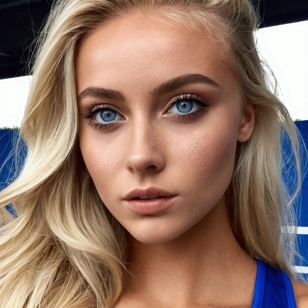 influenceur Instagram féminin norvégienne blonde avec des yeux bleus réaliste. Meilleure qualité 1 fille fait du sport en extérieure. On voit son coprs en entier