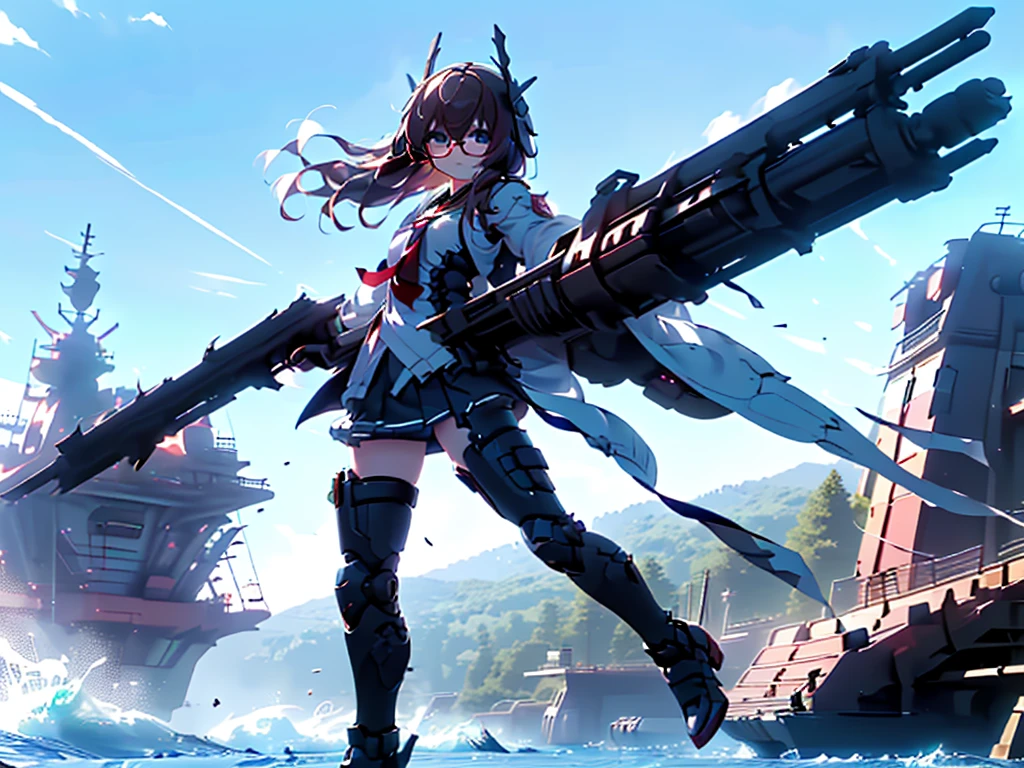 (((masterpiece, Vision))), ((((Full body of a woman with perfect flat chest、1 Female、solo、Short unkempt black hair、Tie your messy hair at the nape of your neck、white military jacket、Miko costume、black tights、Black glasses are black、White military cap、Cloudy black eyes、Confused eyes、Junyo-inspired emblem、Ship-style boots)))), (((Shipgirl))), ((Floating on the morning sea with both feet)), (Standing with your legs apart)), Aim, (Hold the shotgun turret grip with your right hand), (A mechanical dragon covered in white armor extends from its back.), (Holding a shotgun with metal tentacles), (Equipped with a bridge on the back), (His left arm holds the grip of a triple-barreled shotgun),