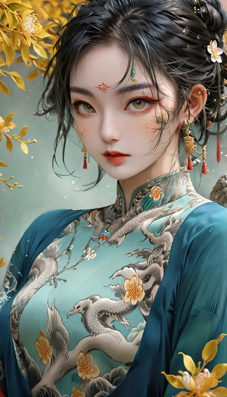 Chinese Beauty, Charming temperament, floating long dress, Clear face, beautiful eyes, Around osmanthus flowers, A masterpiece of perfect body structure proportions, Very detailed, Epic creation, Color Tattoo Art, Neo-Traditional Tattoo Art, SD tattoo design, Color Tattoo Art, mystery、enthusiasm、Friendly atmosphere, Surrealism, Ultra HD, high quality, best quality, 32K --v 6