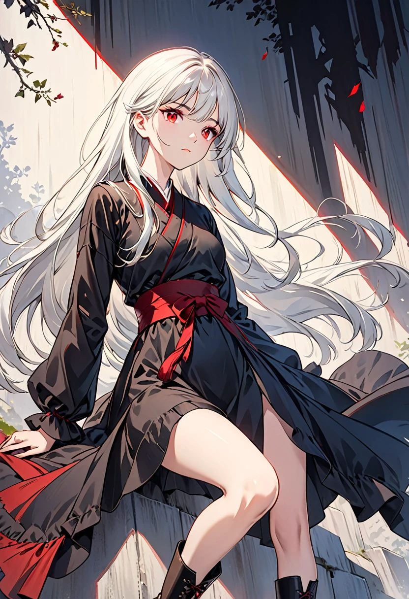 Girl, 20 years old, with long white hair down to below her waist, a serious yet tender expression, and red eyes. Her hair features black streaks. She wears antique-style clothing, a long black dress with a slit on the legs, and high black boots that almost reach her knees. Her power and background are related to shadows and darkness.