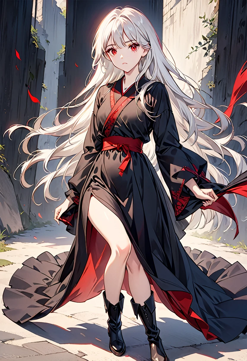Girl, 20 years old, with long white hair down to below her waist, a serious yet tender expression, and red eyes. Her hair features black streaks. She wears antique-style clothing, a long black dress with a slit on the legs, and high black boots that almost reach her knees. Her power and background are related to shadows and darkness. 