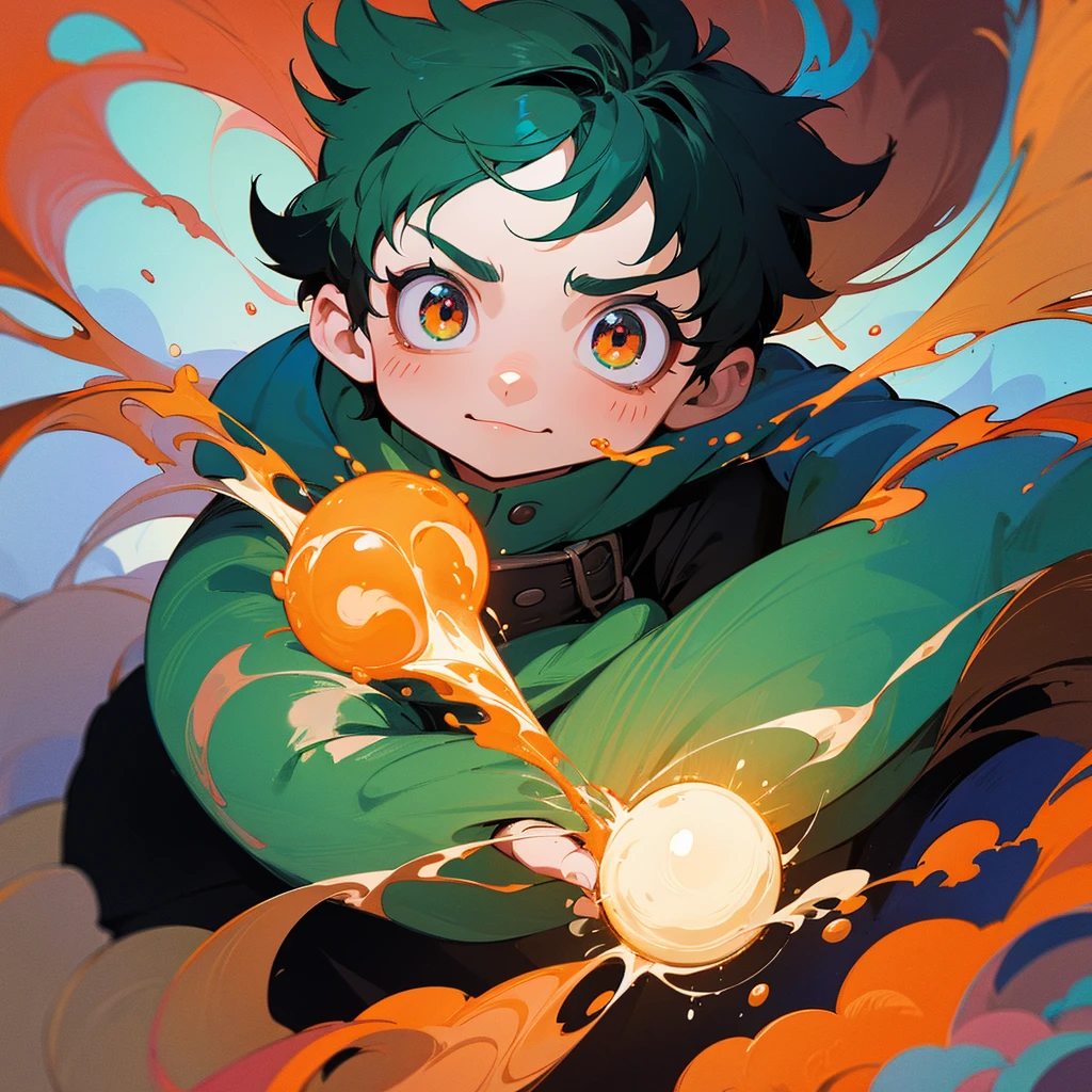 cute deku baby wizard, surrounded by fiery bubbles, digital art, intricate details, pop art style, cinematic