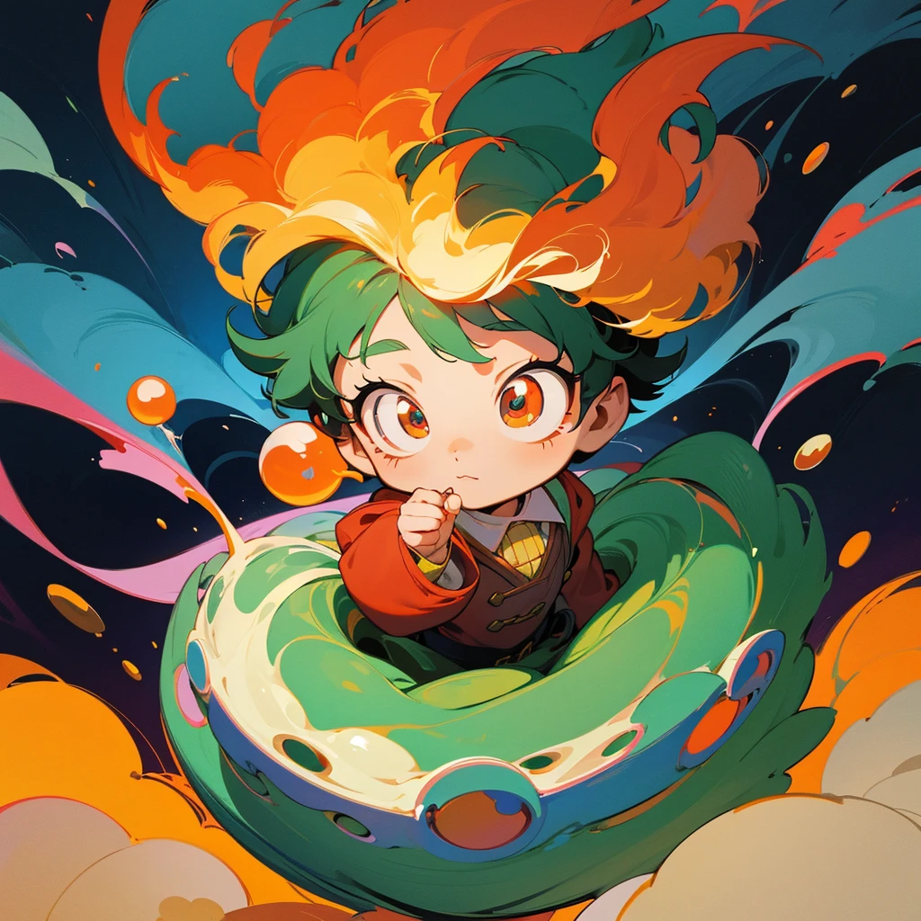 cute deku  wizard, surrounded by fiery bubbles, digital art, intricate details, pop art style, cinematic