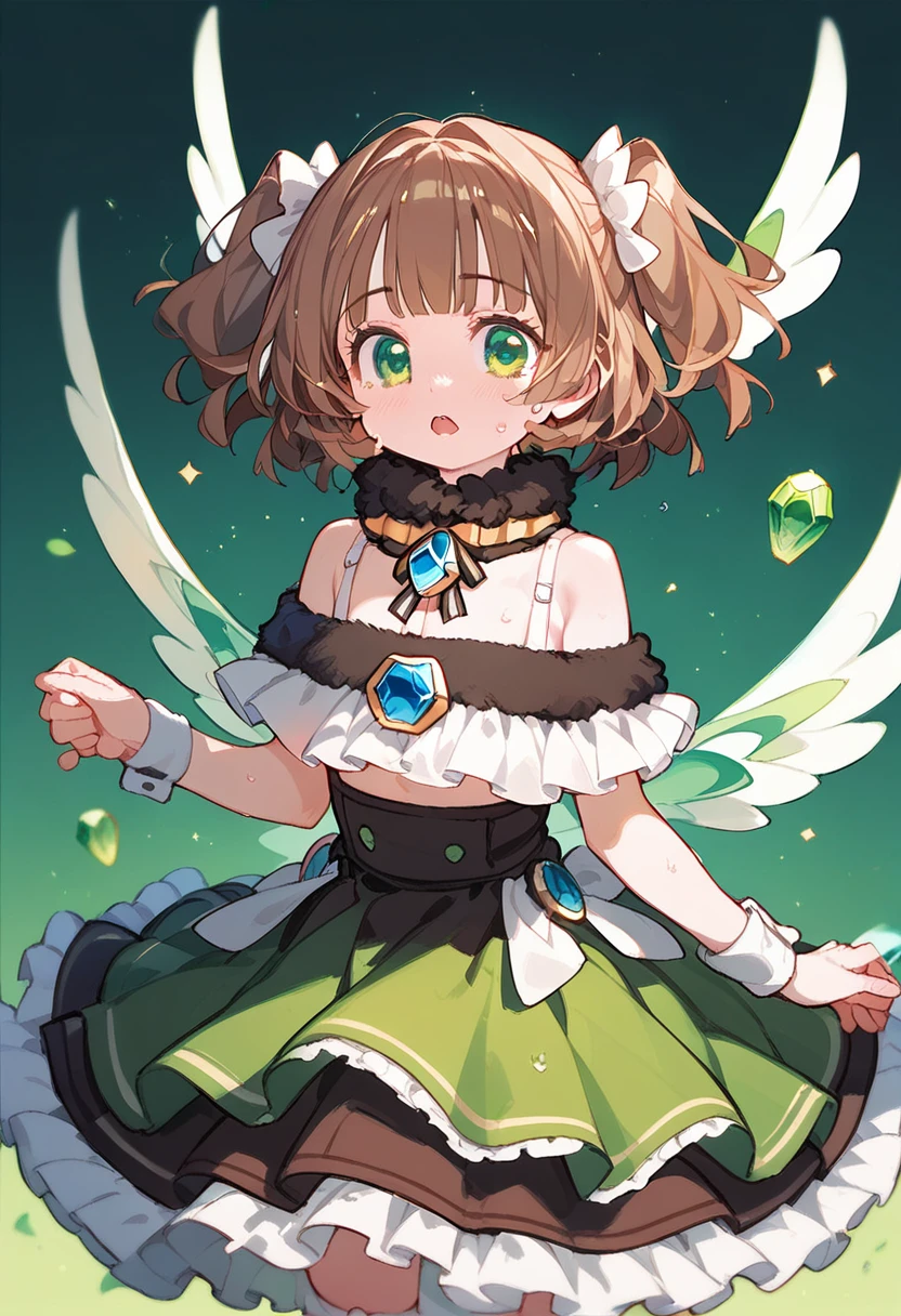 score_9, score_8_up,score_7_up,cute,magical_girl,off shoulder,(12 years old),layered_frilles,, (white frilled_clothes ), green_eyes, brown_hair,two_Side_up, ((ruffle-skirt, multilayer-skirt):1.3),(frilled kneehighs),wrist cuffs,cry,looking_at_viewer,( gem), nipples,shame,sweating,open_mouth,scarf flying，（Yellow-green theme）