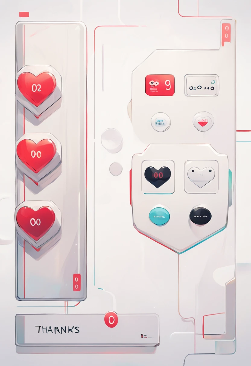 A sleek and modern interface displaying three white rectangular buttons. The first button on the left features the number '8', while the following two have the number '0'. Beneath the buttons is a green, rectangular 'FOLLOWERS' button, followed by a yellow, rectangular 'THANK YOU' button. To the right of the buttons, a red heart symbol represents love or appreciation. The overall design is clean, minimalistic, and inviting.