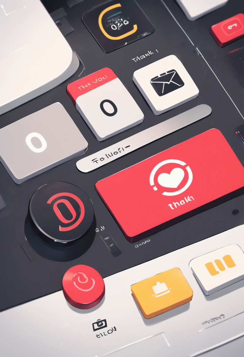 A sleek and modern interface displaying three white rectangular buttons. The first button on the left features the number '8', while the following two have the number '0'. Beneath the buttons is a green, rectangular 'FOLLOWERS' button, followed by a yellow, rectangular 'THANK YOU' button. To the right of the buttons, a red heart symbol represents love or appreciation. The overall design is clean, minimalistic, and inviting.