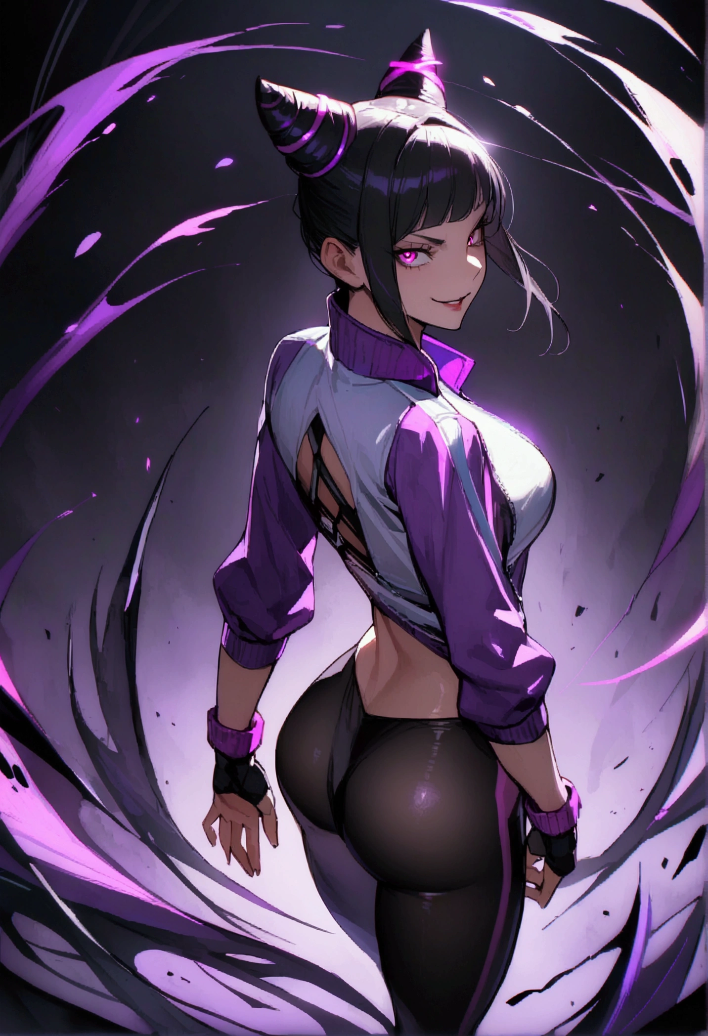 juri han,beautiful young fitness woman with , in a gym wearing May with black pantyhose, tight white and purple gym jacket. standing alone,hair horns,glowing purple eyes,Evil smile,legging preto,looking back