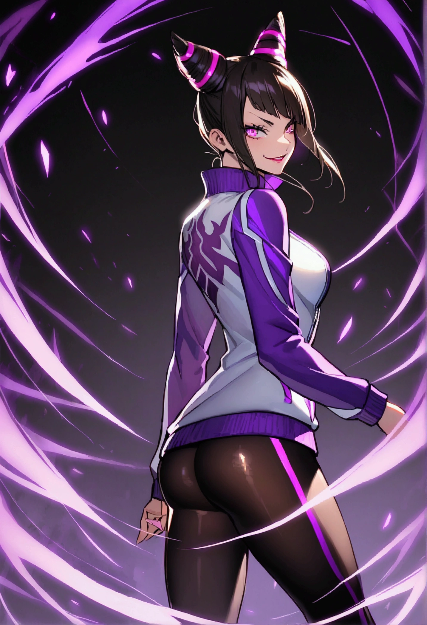 juri han,beautiful young fitness woman with , in a gym wearing May with black pantyhose, tight white and purple gym jacket. standing alone,hair horns,glowing purple eyes,Evil smile,legging preto,looking back