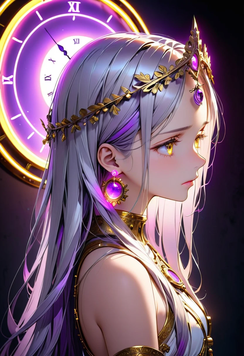 High resolution, high quality, High-resolution model, High detail, Very detailed, goddess, long hair, A sad expression, Golden Eyes, Face seen from the side, Her hair is a gradation of silver and purple., Circlet, Neon-like earrings, Neon-like light in the background, In the background, an old clock extends off the screen., West Shot, The background is illuminated with neon-like light from above.