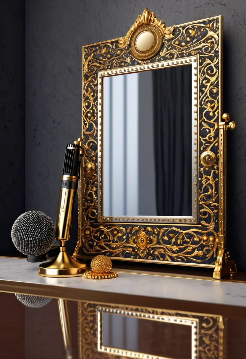 (best qualityer,4K,8k,high resolution,work of art:1.2),super verbose,(real,Photoreal,photo-real:1.37), a mirror, mic, with golden ornaments and studded with runes.