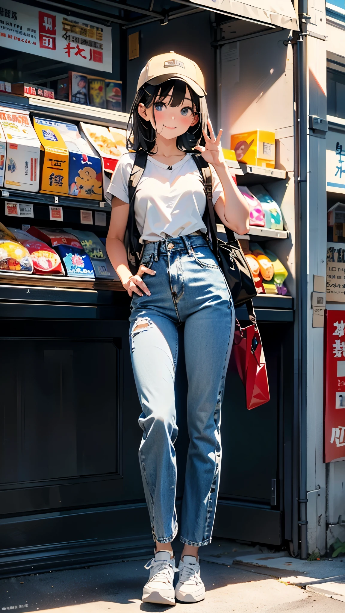 (8k, RAW Photos, 最high quality, masterpiece:1.2), high qualityのRAWカラー写真, Professional photo shoot, Cinematic Light, alone, (((young woman, Gal))), (Sharp features), (Small face), (Skin with attention to detail:1.2), clavicle, Cute Face, Beautiful appearance, Long eyelashes,Girl Turning Around, smile, (Black Hair, Long straight line),  Jersey, High waist denim pants, sneakers, Backpack,  Night Park, Confident attitude, Capture the happy moment, Artistic painting,Attractive thighs, (Very nice touch:1.2),はにかんだsmile), Peaceful atmosphere, Oil painting style, Bright colors, (Are standing:1.5, Inside a convenience store, Full body portrait), Smooth texture, Gazing Eyes, Beautiful Skin, Glowing Skin, ((Perfect Fingers, Five Fingers, Anatomically correct)), Background Blur, high quality, Surreal, ((Very detailed, photo shoot)),Many people々、blush、Plump