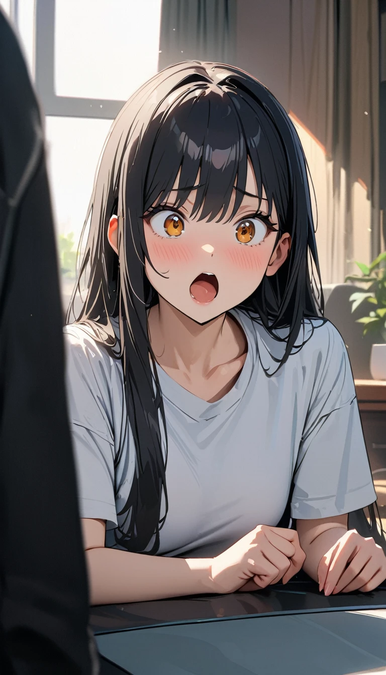 20 years old ,masterpiece , modern, Verism, masterpiece, super detail, best quality, 4K , A beautiful woman, black hair, long hair, She has his mouth wide open, showing a very surprised expression.