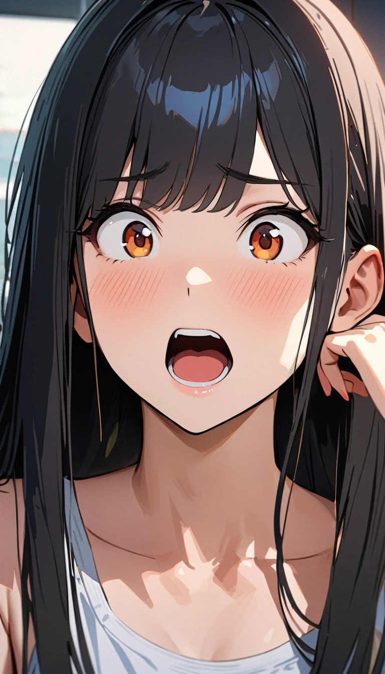 20 years old ,masterpiece , modern, Verism, masterpiece, super detail, best quality, 4K , A beautiful woman, black hair, long hair, She has his mouth wide open, showing a very surprised expression.