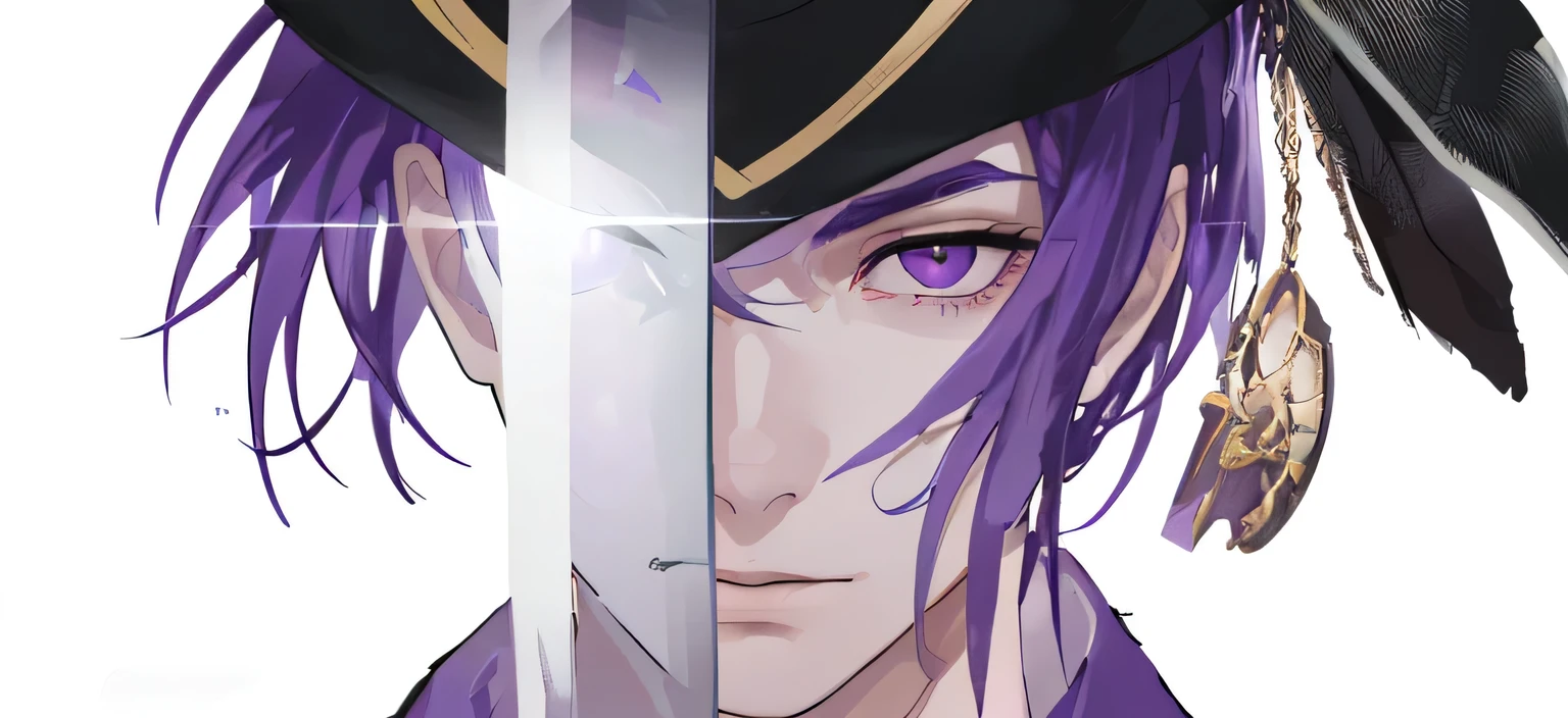 A portrait of a young man,Wears a black hat,Covering the face with a knife。Beautiful facial features,Clear light and shadow,Purple Eyes,Purple hair,A determined look