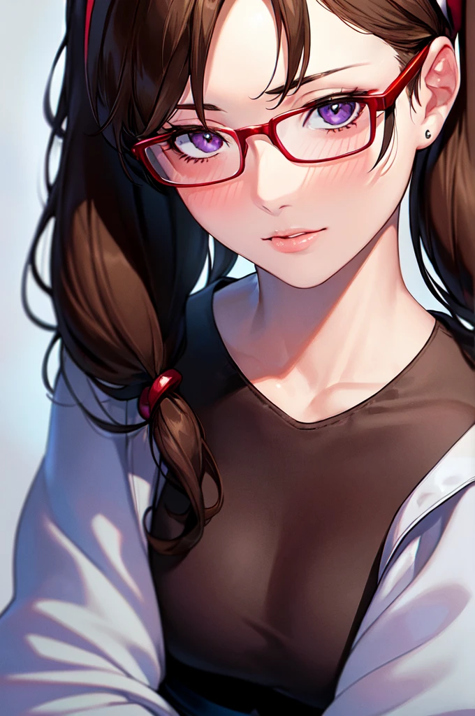 {{{Neon Genesis Evangelion, Mari Illustrious Makinami:1.9}}}, 8k, best quality, ultra-detailed, high resolution, highly detailed CG, clear, top aesthetic, excellent shading, (photorealistic:1.3), high contrast, ultra-fine illustration, shrink rate, beautiful detailed eyes, beautiful detailed skin, realistic skin, beautiful detailed hands, beautiful detailed fingers, beautiful detailed hair, detailed hair strands, beautiful detailed ears, beautiful detailed lips, professional lighting, beautiful detailed background, very realistic background, one girl, 独奏, 25 years old, beautiful woman, (Shiny dark brown hair, Long Hair, Low twin tails), (Wearing red glasses), (She wears a light blue thin hairband.), (Dark Eyes, There is a little green in it), Full Body, (blush), Purple Skirt, A look of temptation、Posing like a magazine model,
