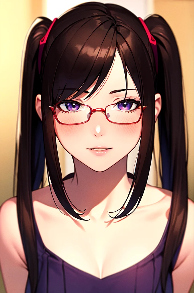 {{{Neon Genesis Evangelion, Mari Illustrious Makinami:1.9}}}, 8k, best quality, ultra-detailed, high resolution, highly detailed CG, clear, top aesthetic, excellent shading, (photorealistic:1.3), high contrast, ultra-fine illustration, shrink rate, beautiful detailed eyes, beautiful detailed skin, realistic skin, beautiful detailed hands, beautiful detailed fingers, beautiful detailed hair, detailed hair strands, beautiful detailed ears, beautiful detailed lips, professional lighting, beautiful detailed background, very realistic background, one girl, 独奏, 25 years old, beautiful woman, (Shiny dark brown hair, Long Hair, Low twin tails), (Wearing red glasses), (She wears a light blue thin hairband.), (Dark Eyes, There is a little green in it), Full Body, (blush), Purple Skirt, A look of temptation、Posing like a magazine model,