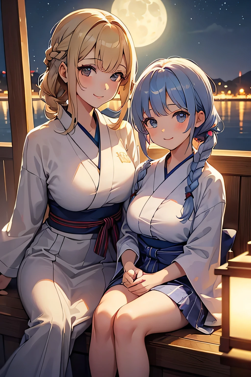 Highest quality、High resolution、Detailed Background、(Beautiful face in every detail:1.4)、Anatomically correct、Detailed facial expressions、(Detailed eyes:1.2)、age beauty、(Huge breasts:1.2)、Light color hair、Braided Ponytail、Braided bob cut、Braided Long Hair、cute gesture、Midsummer evening、summer boat、Relaxed atmosphere、Cowboy Shot、A big smile、smile、
(Two beautiful girls enjoying a date night:1.5)、
Board a summer boat moored on a deck along the river、Illuminated ship deck、Board the boat with a woman dressed in a cute yukata.、The night breeze blows pleasantly through the boat as it slowly makes its way down the river.、The shining moonlight gently illuminates the surface of the river.、Enjoy the night view along the river、cute