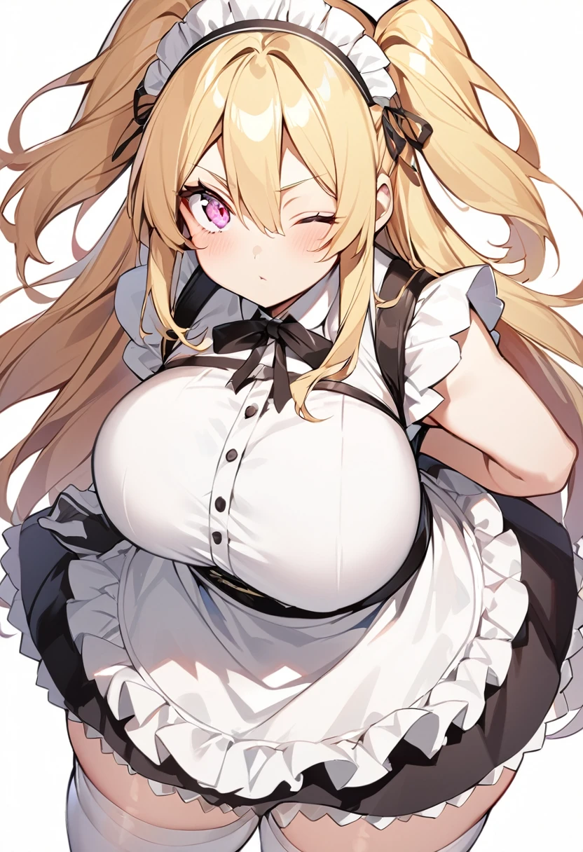 (One girl)、medium length hair、(sidelock)、((Blonde))、(slan eyes)、（boyish）、cute、(Big super breasts)、((Chubby))、Maid、No sleeve、mini skirt、White sleeveless、thigh-high socks thighhighs、(long gloves)、hairs between eyes、(coarse hair)、[flipped hair]、pink eye、expressionless、one eye closed、arm behind back、two side up、White Background、