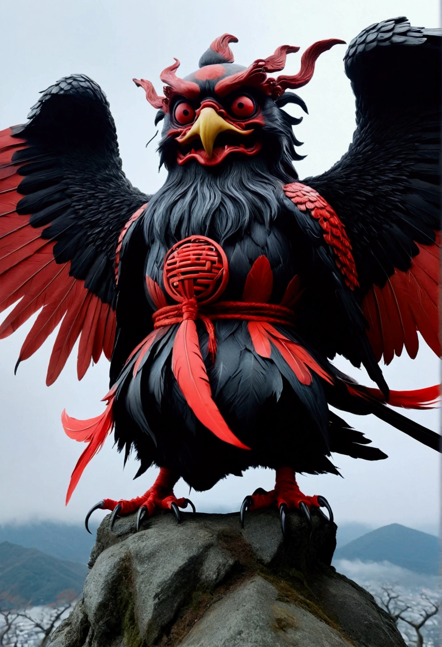 8k、Highest quality、Japanese taste、Horror、Standing on a mountain towering into the sky、Tengu、the body is red、Scary expression、Black Feather、Japanese Yokai