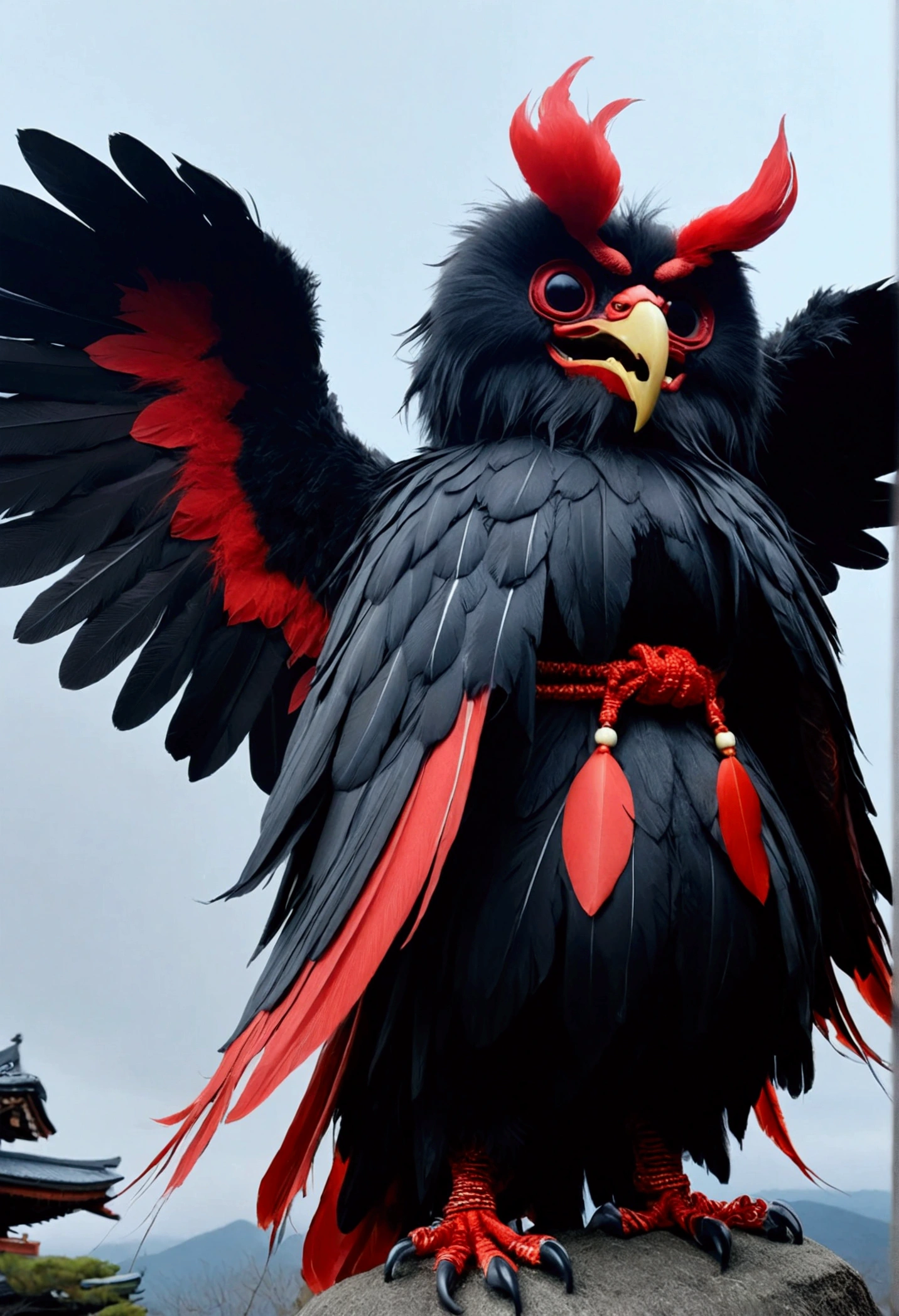 8k、Highest quality、Japanese taste、Horror、Standing on a mountain towering into the sky、Tengu、the body is red、Scary expression、Black Feather、Japanese Yokai