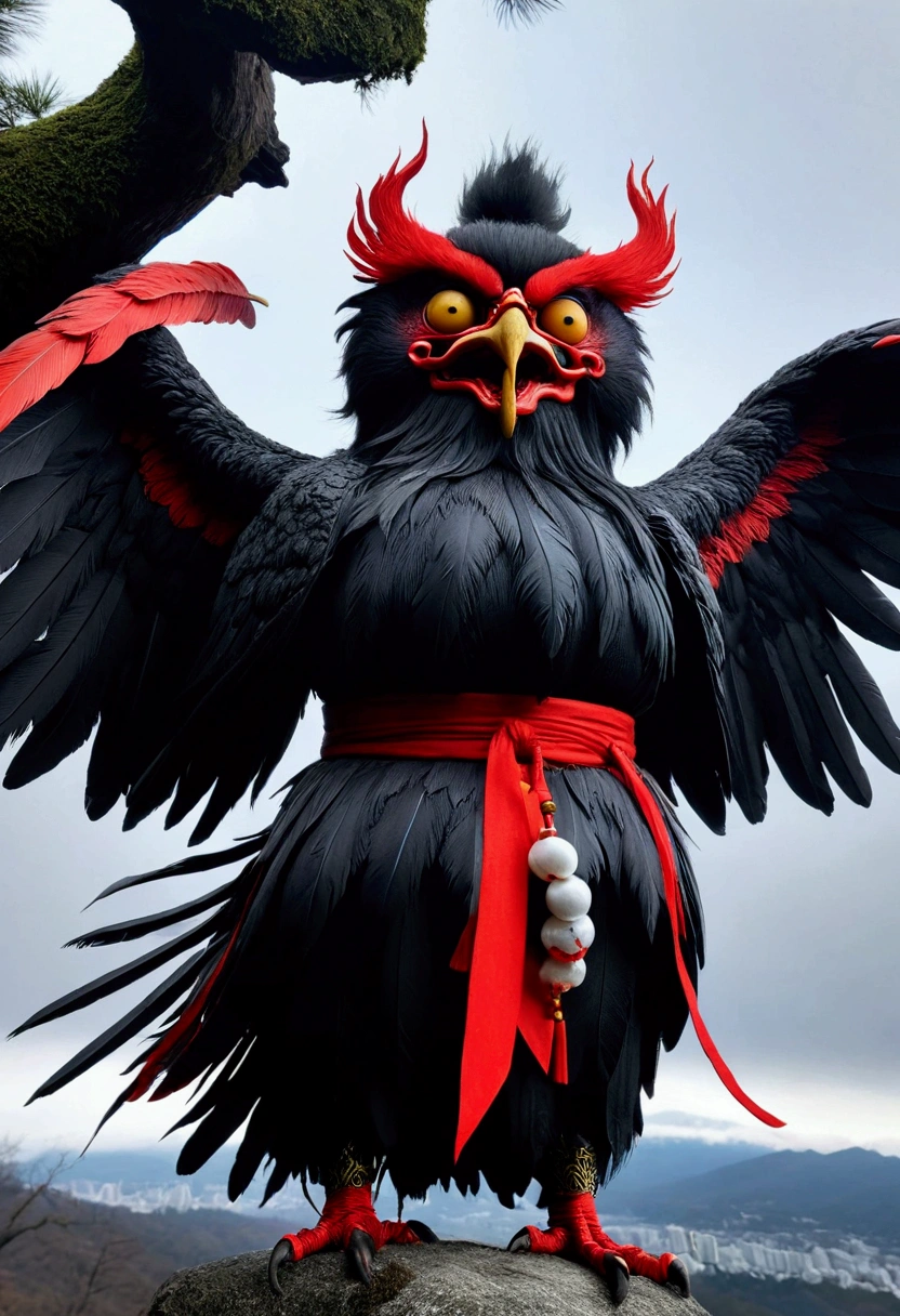 8k、Highest quality、Japanese taste、Horror、Standing on a mountain towering into the sky、Tengu、the body is red、Scary expression、Black Feather、Japanese Yokai