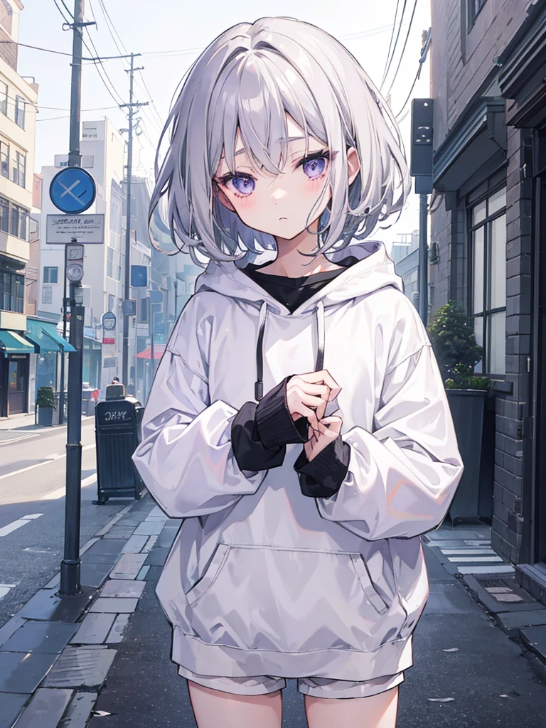 A little dark anime style、Gray Hair、Wavy short hair、10th Generation、Light purple eyes、Sadness face、black hooded sweater、White sleeves、White shorts、A simple townscape in the morning、The whole picture is visible