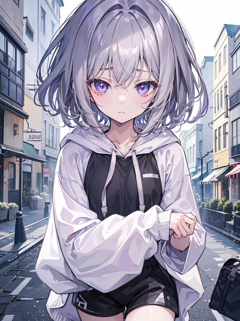 A little dark anime style、Gray Hair、Wavy short hair、10th Generation、Light purple eyes、Sadness face、black hooded sweater、White sleeves、White shorts、A simple townscape in the morning、The whole picture is visible