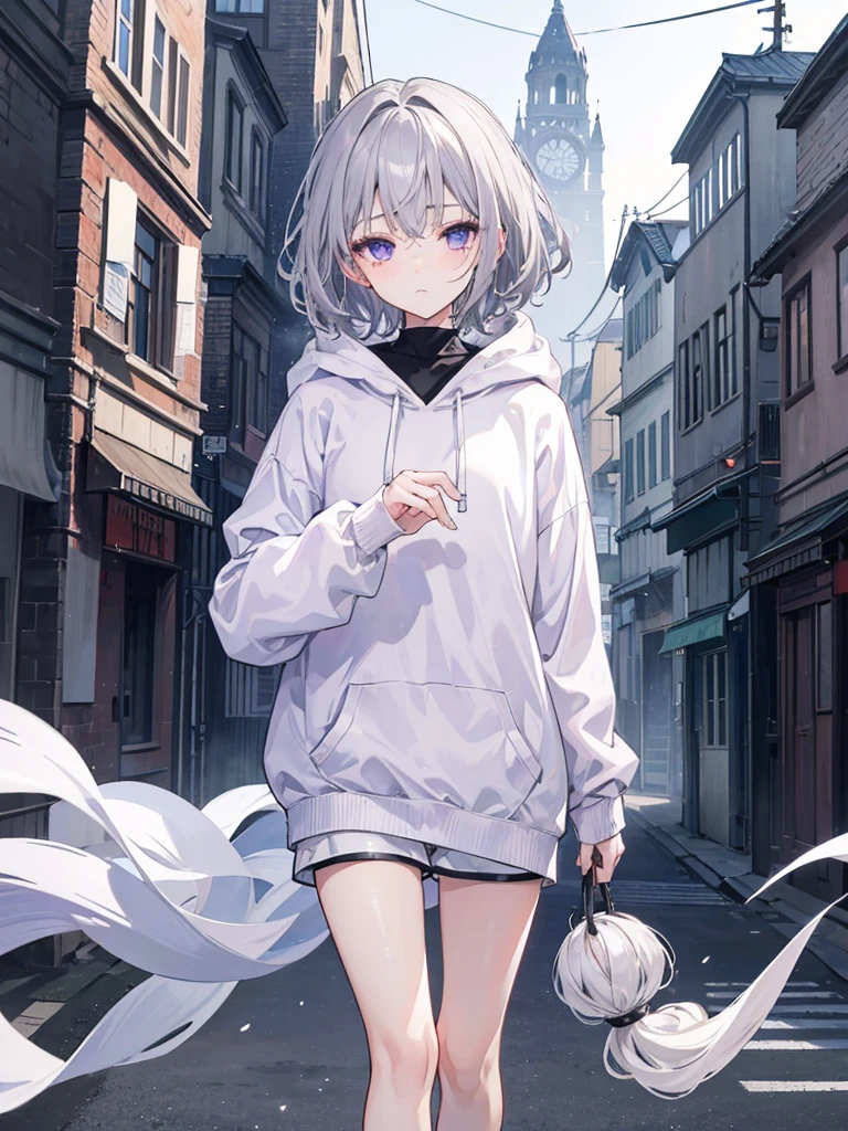 A little dark anime style、Gray Hair、Wavy short hair、10th Generation、Light purple eyes、Sadness face、black hooded sweater、White sleeves、White shorts、A simple townscape in the morning、The whole picture is visible