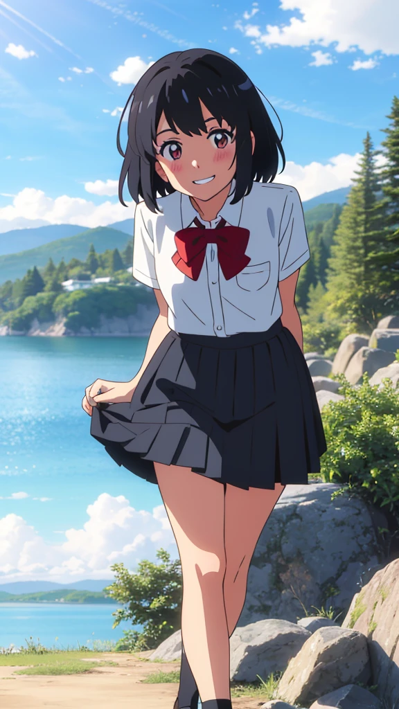 shinkai makoto, kimi no na wa., 1girl, bangs, black hair, blush, expressive eyes, brown eyes, perfect face, looking at the viewer, school outfit, white collared shirt, red headband, red ribbon, red bow, short sleeves, black skirt, short hair, solo, outdoors, shinny skin, smile, cute, grin, cloudy, blue sky, mountains, rocks, sitting, (masterpiece), best quality