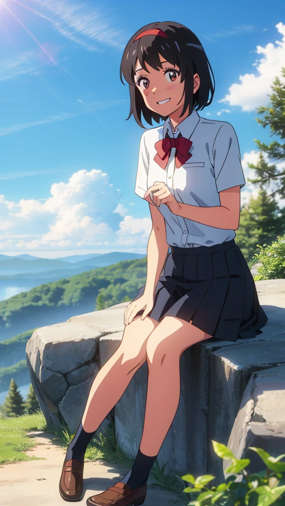 shinkai makoto, kimi no na wa., 1girl, bangs, black hair, blush, expressive eyes, brown eyes, perfect face, looking at the viewer, school outfit, white collared shirt, red headband, red ribbon, red bow, short sleeves, black skirt, short hair, solo, outdoors, shinny skin, smile, cute, grin, cloudy, blue sky, mountains, rocks, sitting, (masterpiece), best quality