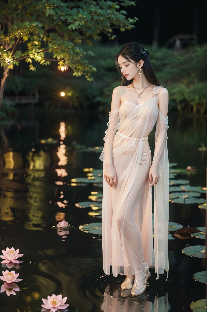(((best quality))),(((ultra detailed))),(((masterpiece))),illustration,((1 beautiful young girl,solo)),((slim,thin)),(shoulder length straight hair:1.2),((earrings,necklace)),((small breasts,flat chest)),(see through traditional pink sheer Hanfu dress:1.3),((slender legs,loafers)),(beside the lotus pond full of lotus flowers:1.3), serene moonlight, ethereal,floral pattern, water movement, billowing fabric, tranquil,petals, fireflies, magical warm light, dreams, invitation, (standing:1.3),(arms behind back:1.3),gazing, reflection, inner thoughts, emotional, sweet scent, natural beauty, solitude, hypnotic lull, eternal summer,(night scene:1.3), natural world, human spirit, celebration, backdrop, water, glow,(from front:1.3),(full body:1.3)
