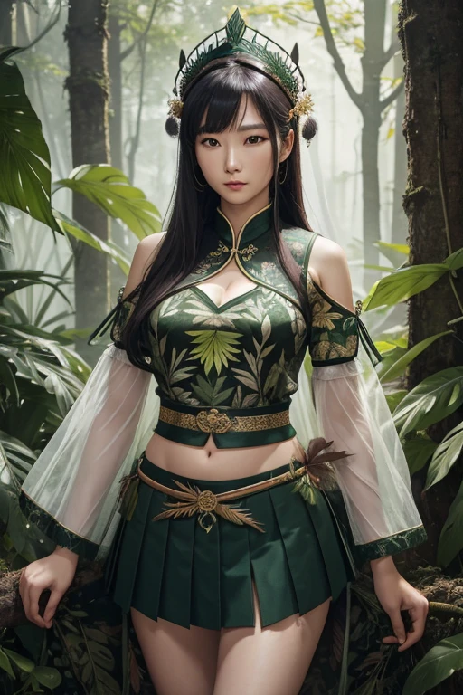 best qualityer, Cao Cao_resolution, distinct_imageio, amazone, wearing plant clothes, amazone, forest leaf clothes, amazone, super detailed, looking the viewer, ultra detailed, thick shag hair, skirt made of leaves, blouse made from leaves and branches, belly and shoulders sample, bird feathers decorating, super detailed