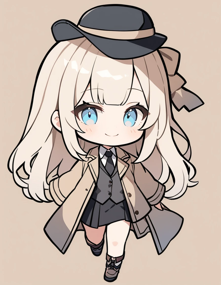 One girl, Beige hair、long、Bangs、Detective Suit、chibi,Light blue eyes、simple background、Smile、Detective Hat
