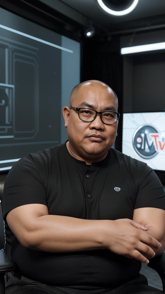 Draw a picture of a 50 year old Indonesian man wearing glasses and a very fat, obese, bald head, being interviewed on a TV show with a serious expression on his face. He sat in a stylish chair, wearing a tailored suit to accentuate his muscular features. The backdrop is a modern TV studio with bright lights, a sleek desk, and a large screen displaying the show's logo behind it. The interviewer, holding the microphone, listened attentively to The Rock, who spoke in a focused and intense manner. Be sure to capture the detailed set design and serious, professional studio atmosphere.