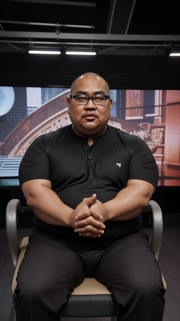 Draw a picture of a 50 year old Indonesian man wearing glasses and a very fat, obese, bald head, being interviewed on a TV show with a serious expression on his face. He sat in a stylish chair, wearing a tailored suit to accentuate his muscular features. The backdrop is a modern TV studio with bright lights, a sleek desk, and a large screen displaying the show's logo behind it. The interviewer, holding the microphone, listened attentively to The Rock, who spoke in a focused and intense manner. Be sure to capture the detailed set design and serious, professional studio atmosphere.