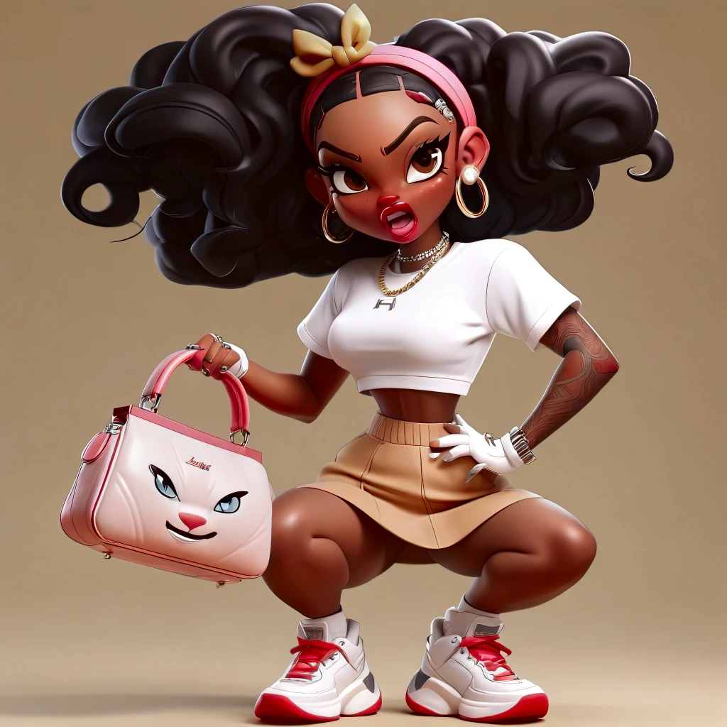 Cute 3D character, a angry light brown skin woman in a red cropped t - shirt and a black purse, y2k style, thick body, thick hips, black long straight hair , wearing a sexy cropped tops, diamond grillz on teeth, red hair band, black short skirt, doja cat, wearing a cropped top, belly button showing, rapper, graphic tees shirt, black and red aesthetic, light skin
