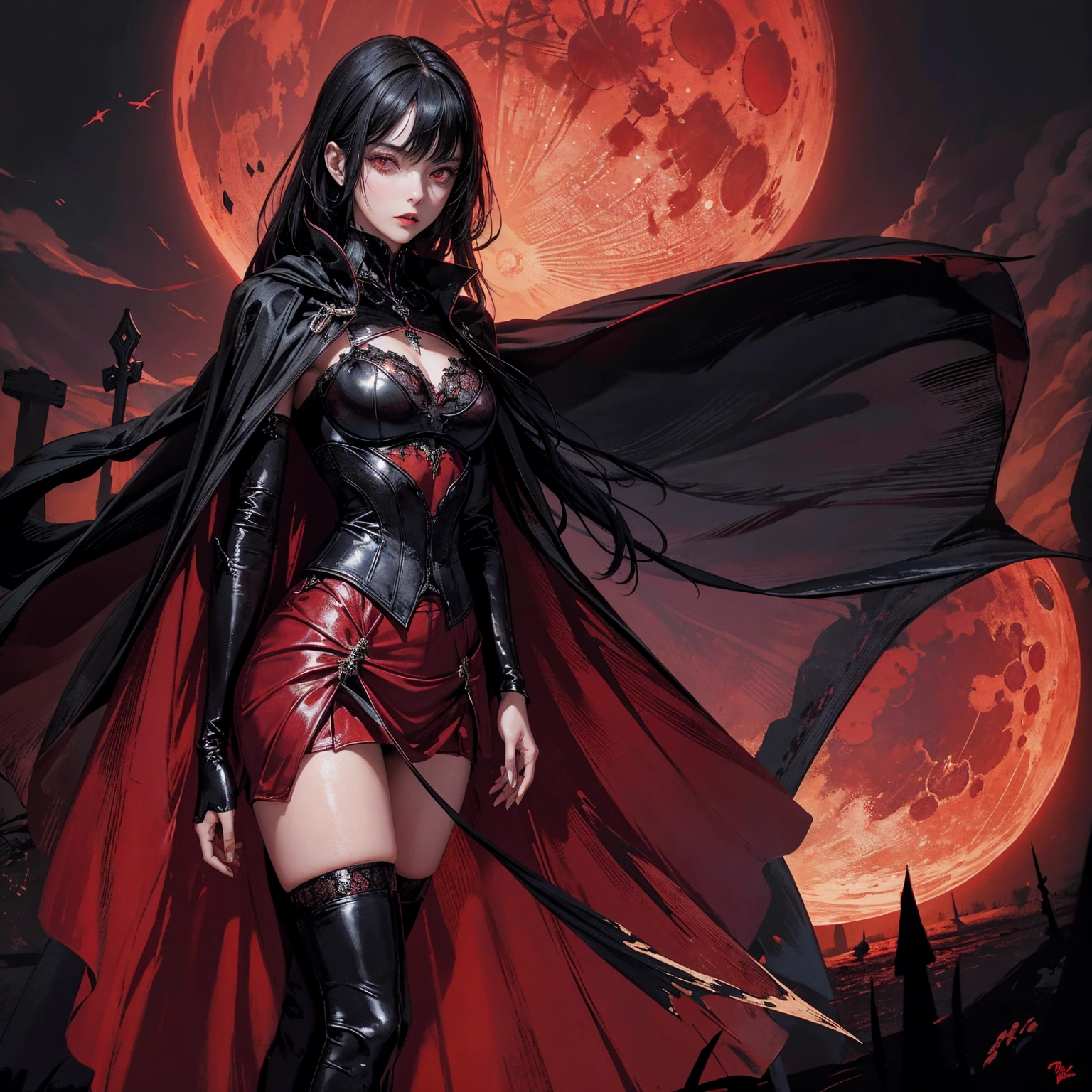 best quality, 4K, high resolution, masterpiece:1.2, Very detailed, actual:1.37, Mood lighting, Girl in a long cape, Wearing a reflective latex skirt that shows a little skin above the chest, reflective rubber bra, Dangerous sneer, Black Hair, Standing, Facing the camera, Crucified, Pitch black sky, Blood-red moon, strange atmosphere, Gothic style, Unforgettable beauty, Dramatic shadows, Ethereal Light, Mysterious atmosphere.