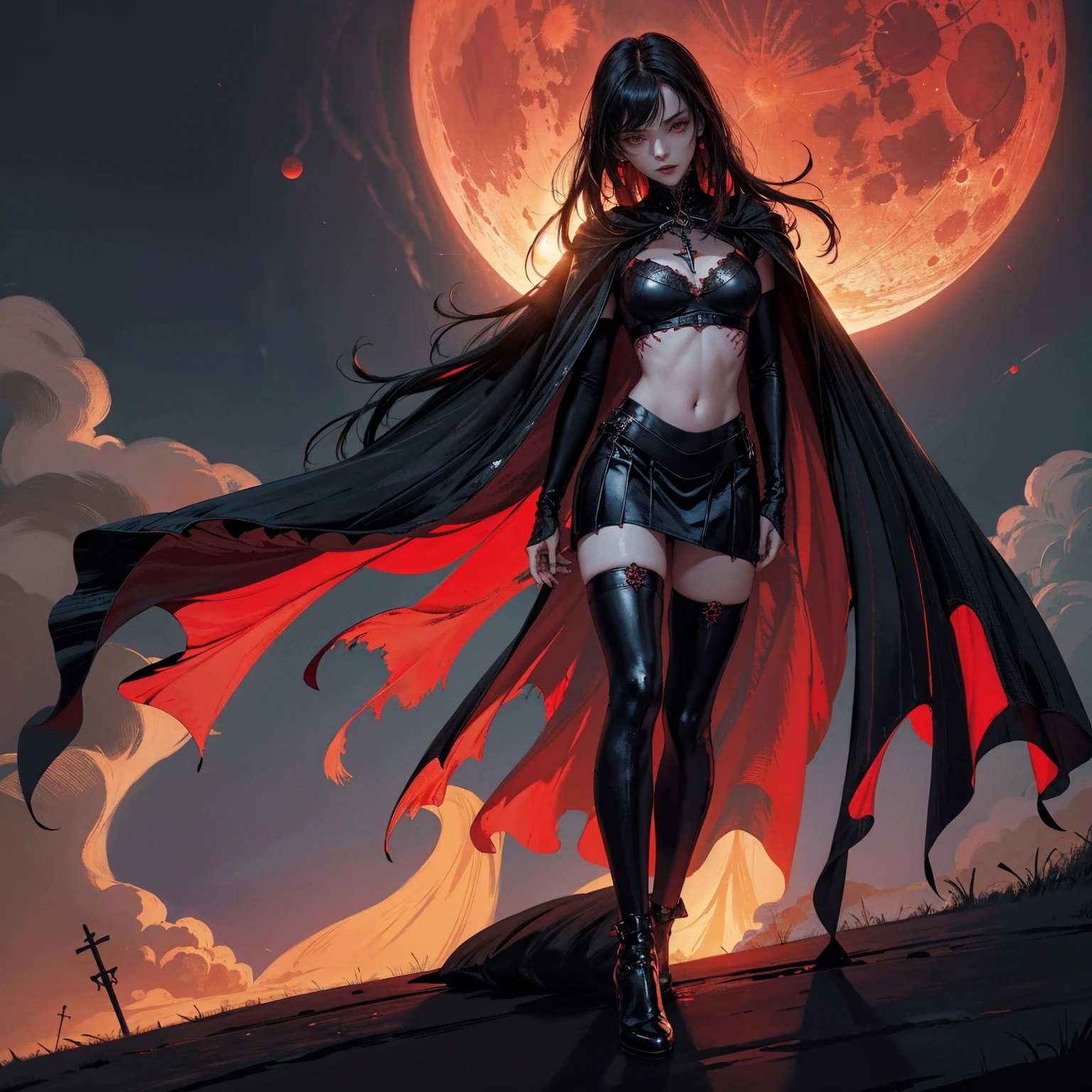 best quality, 4K, high resolution, masterpiece:1.2, Very detailed, actual:1.37, Mood lighting, Girl in a long cape, Wearing a reflective latex skirt that shows a little skin above the chest, reflective rubber bra, Dangerous sneer, Black Hair, Standing, Facing the camera, Crucified, Pitch black sky, Blood-red moon, strange atmosphere, Gothic style, Unforgettable beauty, Dramatic shadows, Ethereal Light, Mysterious atmosphere.