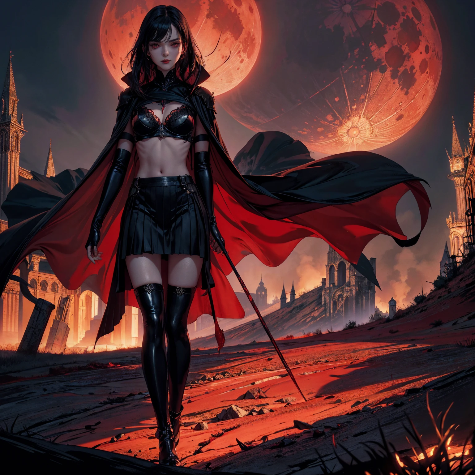best quality, 4K, high resolution, masterpiece:1.2, Very detailed, actual:1.37, Mood lighting, Girl in a long cape, Wearing a reflective latex skirt that shows a little skin above the chest, reflective rubber bra, Dangerous sneer, Black Hair, Standing, Facing the camera, Crucified, Pitch black sky, Blood-red moon, strange atmosphere, Gothic style, Unforgettable beauty, Dramatic shadows, Ethereal Light, Mysterious atmosphere.
