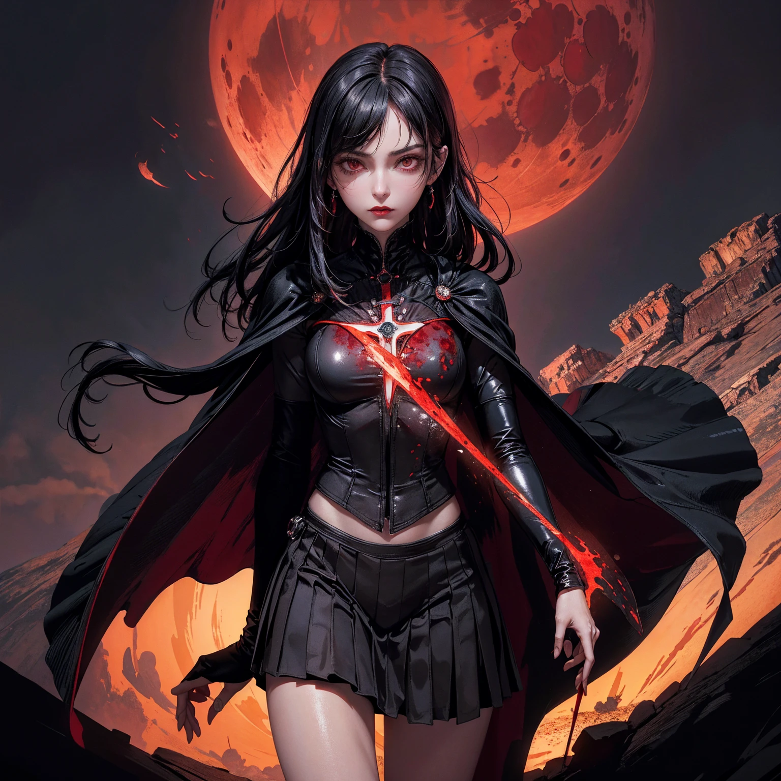 best quality, 4K, high resolution, masterpiece:1.2, Very detailed, actual:1.37, Mood lighting, Girl in a long cape, Wearing a reflective latex skirt that shows a little skin above the chest, reflective rubber bra, Dangerous sneer, Black Hair, Standing, Facing the camera, Crucified, Pitch black sky, Blood-red moon, strange atmosphere, Gothic style, Unforgettable beauty, Dramatic shadows, Ethereal Light, Mysterious atmosphere.