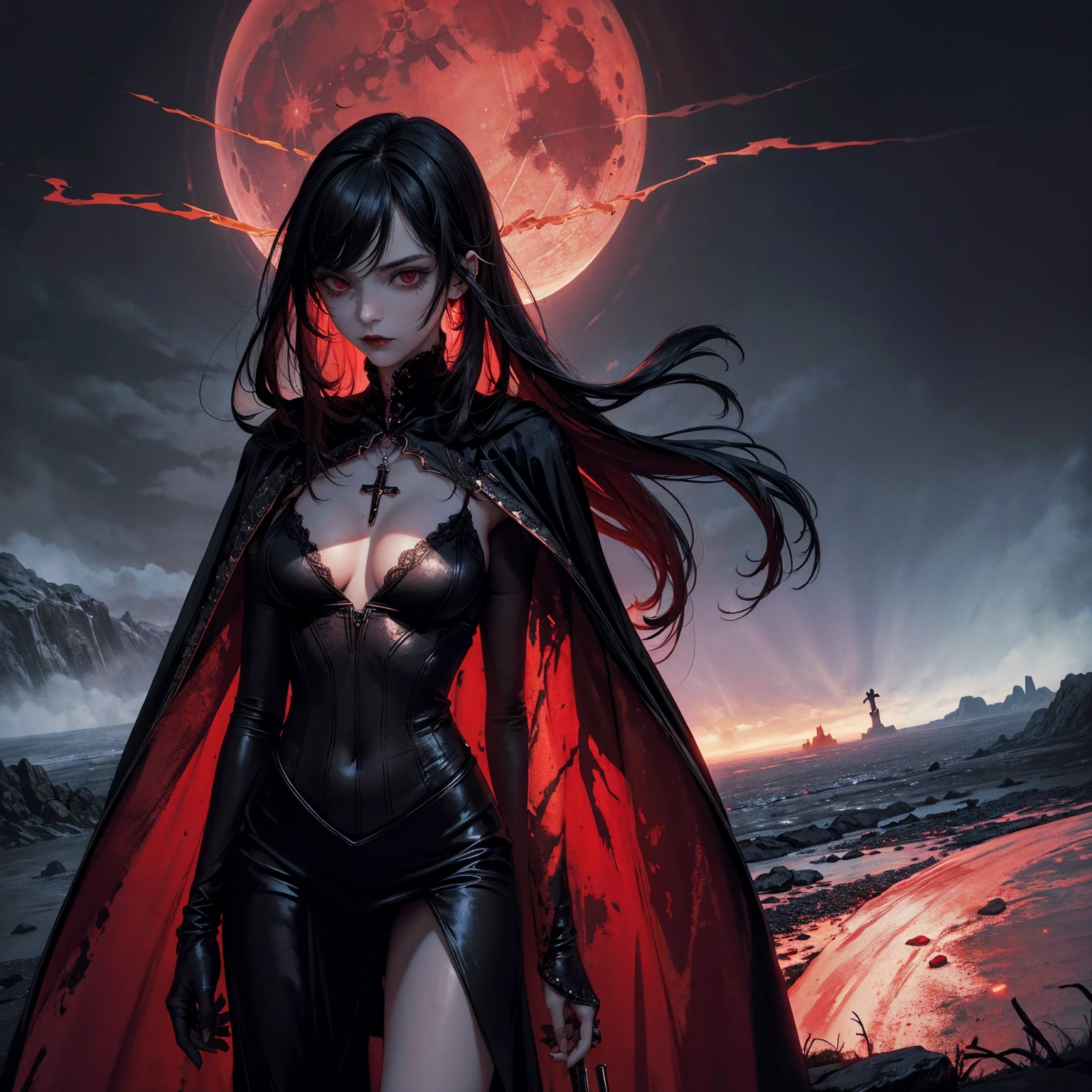 best quality, 4K, high resolution, masterpiece:1.2, Very detailed, actual:1.37, Mood lighting, Girl in a long cape, Wearing a reflective latex skirt that shows a little skin above the chest, reflective rubber bra, Dangerous sneer, Black Hair, Standing, Facing the camera, Crucified, Pitch black sky, Blood-red moon, strange atmosphere, Gothic style, Unforgettable beauty, Dramatic shadows, Ethereal Light, Mysterious atmosphere.