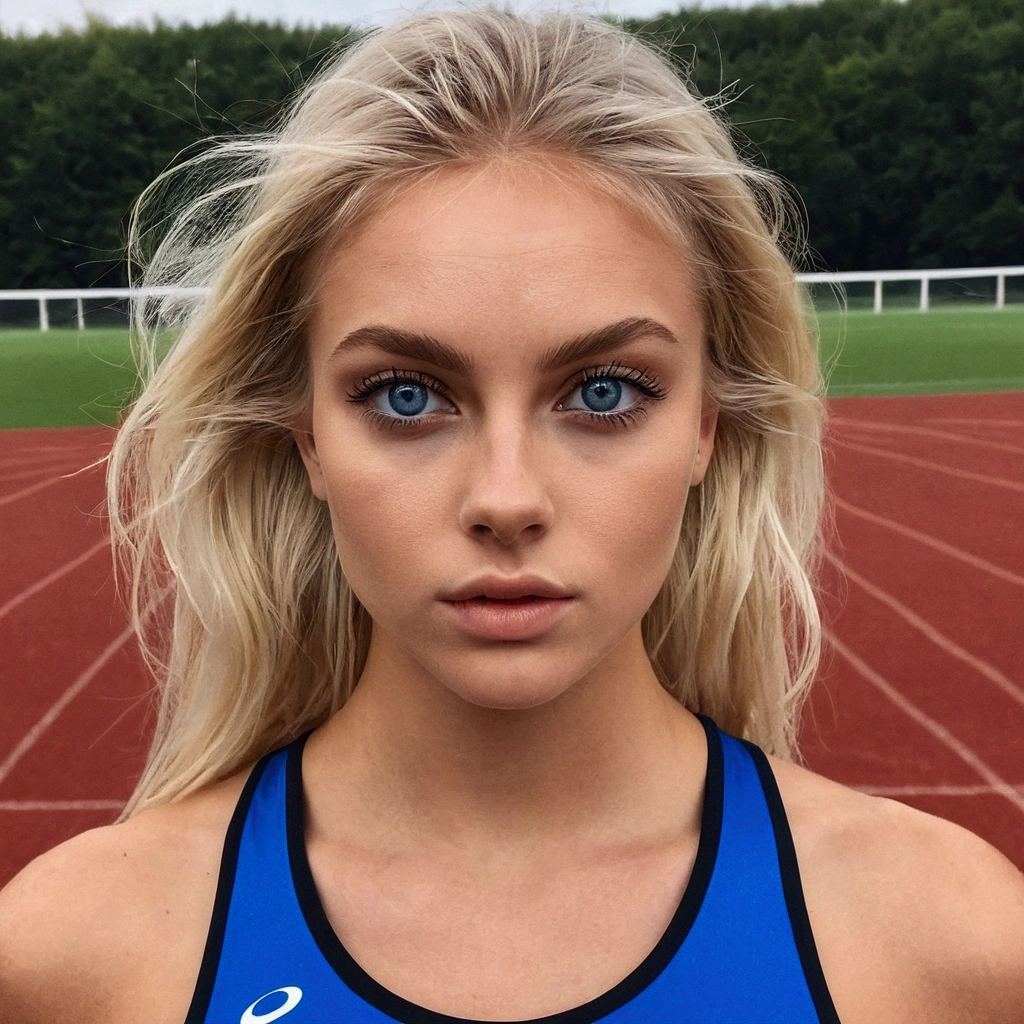 influenceur Instagram féminin norvégienne blonde avec des yeux bleus réaliste. Meilleure qualité 1 fille fait du sport en extérieure. On voit son corps en entier. Elle porte une tenue de sport.