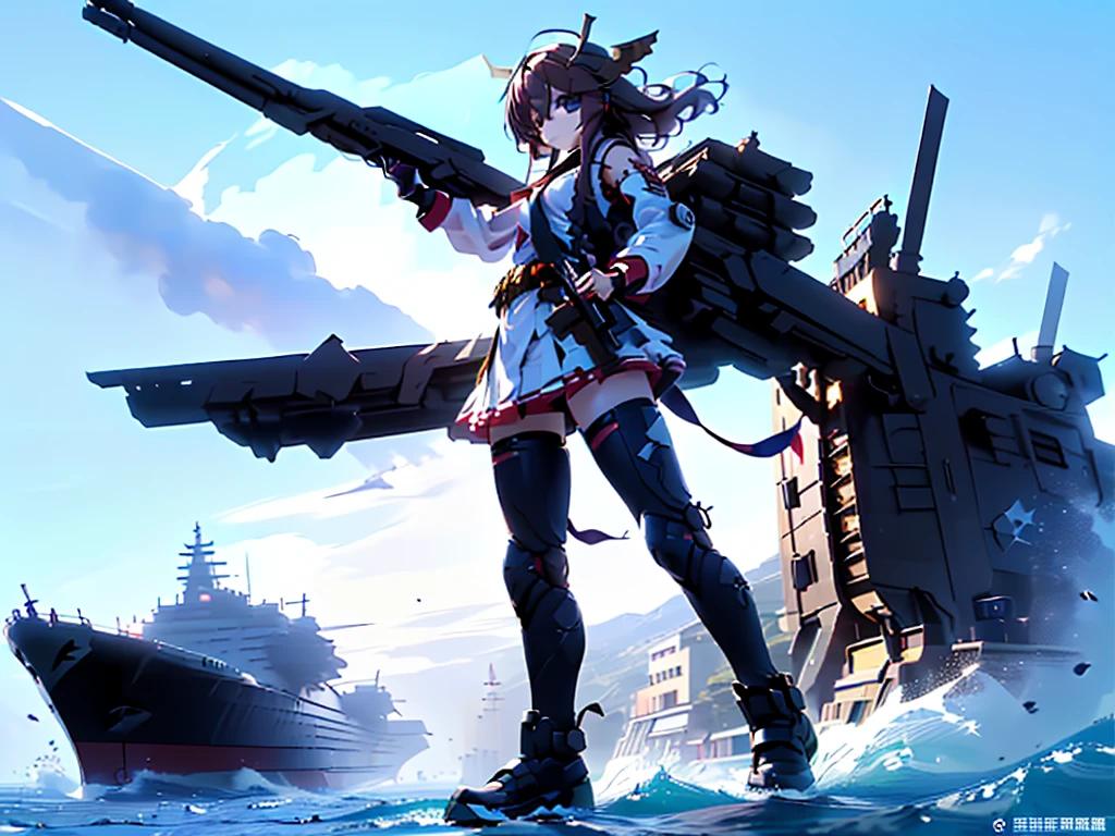 (((masterpiece, Vision))), ((((Full body of a woman with perfect flat chest、1 Female、solo、Short unkempt black hair、Tie your messy hair at the nape of your neck、white military jacket、Miko costume、black tights、Black glasses are black、White military cap、Cloudy black eyes、Confused eyes、Junyo-inspired emblem、Ship-style boots)))), (((Shipgirl))), ((Floating on the morning sea with both feet)), (Standing with your legs apart)), Aim, (Hold the shotgun turret grip with your right hand), (Four mechanical dragons covered in white armor extend from its back.), (Holding a shotgun with metal tentacles), (Equipped with a bridge on the back), (His left arm holds the grip of a triple-barreled shotgun),