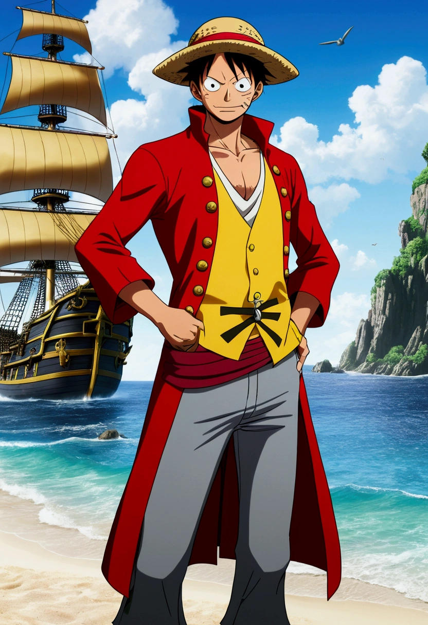 MAN’ Luffy has black shaggy hair, round black eyes, and a slim muscular build. He is renowned for his trademark straw hat, which was lent to him when he was young by the legendary pirate captain, "Red-Haired" Shanks,[35] who in turn received it from Gol D. Roger.[43] Luffy wears an open, long-sleeved red cardigan with four buttons, with a yellow sash tied around his waist (somewhat reminiscent of Gol D. Roger's outfit). Luffy also has a (scar underneath his left eye), which he earned as a  by stabbing his face to show Shanks that he was tough enough to be a pirate.[44] ((pirate ship background)).