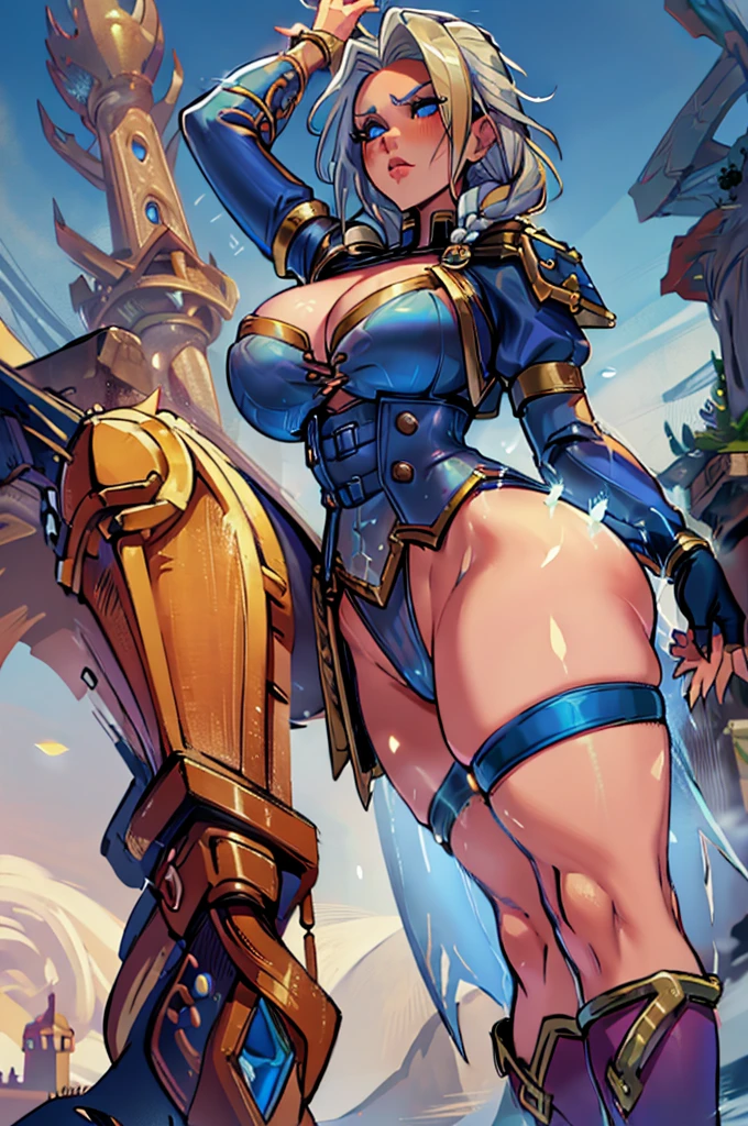 Jaina Proudmoor - World of Warcraft, sexy and hot girl with silver hair tied up in a thick braid, big tits, thick legs, big ass, blue sexy lingerie, blue stockings, blue choker