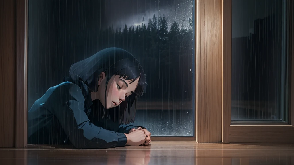 a young woman sleeping by a window on a rainy night. view from outside. The girl has dark hair and is lying on her arms crossed on the windowsill. an electronic device (tablet o e-reader) is at your side. Raindrops fall intensely, creating a visual pattern in the foreground. The reflection of the city lights is seen in the wet window. Predominant tones: dark blues for the night, warm amber tones for interior lighting. Smooth and atmospheric animation style,Focus on the details of the rain, reflections and texture of glass. The general atmosphere is melancholic and contemplative